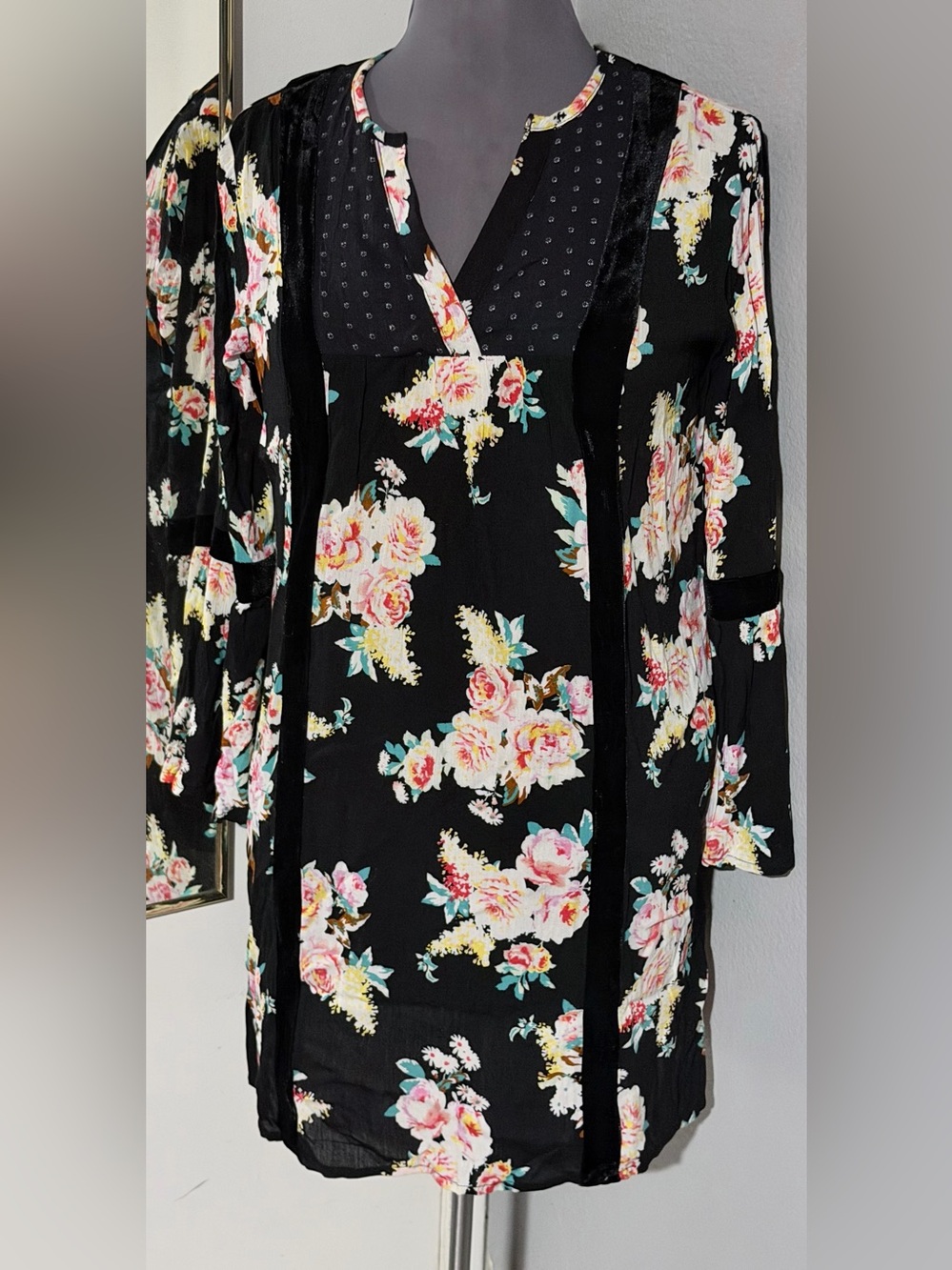 NWT Love, Fire  Mixed Floral Patchwork Velvet Trim Tunic Dress XL Boho